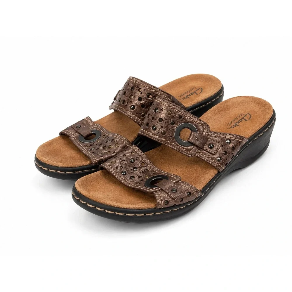 Clarks Lexi Laurel Brown Leather Slide Sandals Comfort Women's Size 8M